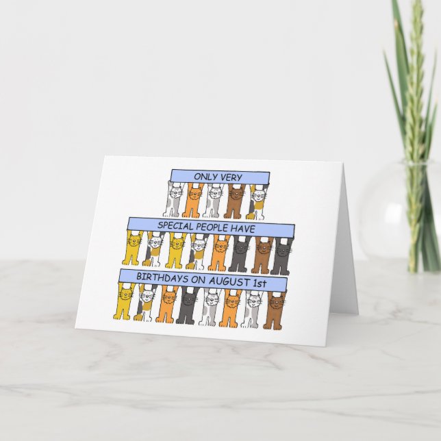 August 1st Birthday Cartoon Cats Card (Front)