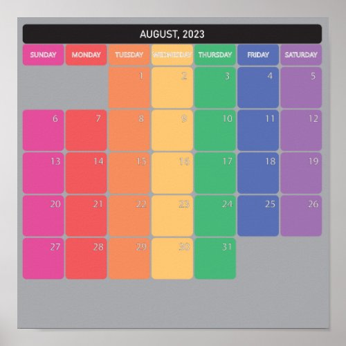 August 2023 planer calendar color days poster