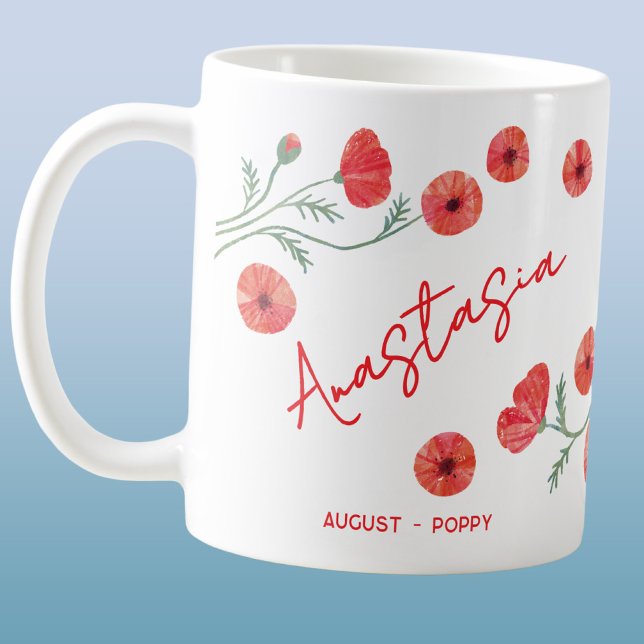 August Birth Flower Custom Name Poppy Coffee Mug (August birthday month flower poppy watercolor art personalized custom name coffee mug gift)