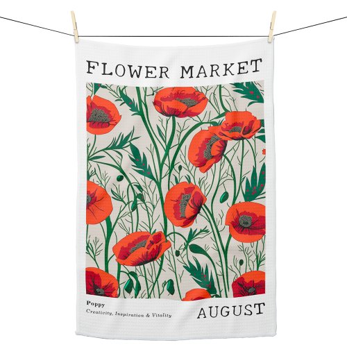 August Birth Flower Market Green Red Poppy Floral Kitchen Towel