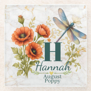 August Birth Flower Poppy & Dragonfly Glass Coaster