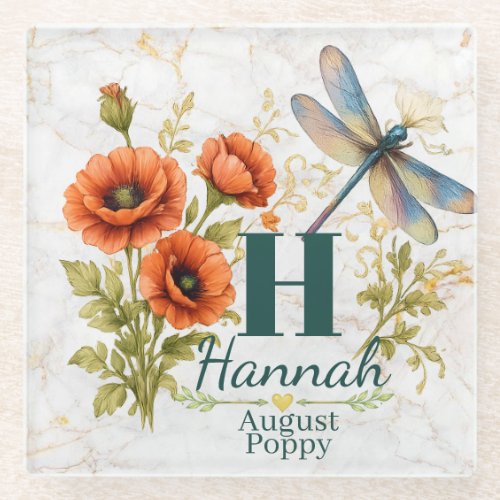 August Birth Flower Poppy & Dragonfly Glass Coaster