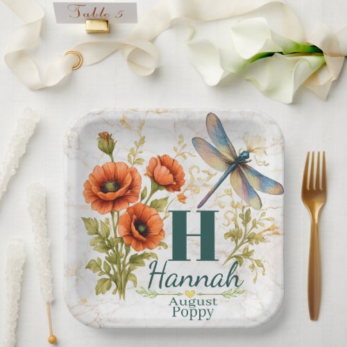 August Birth Flower Poppy & Dragonfly Paper Plates