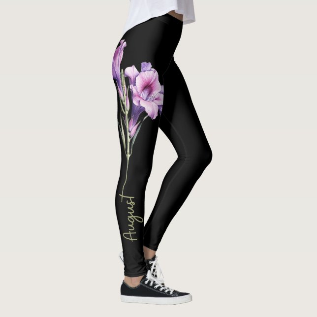 August Birth Flower, Purple Gladiolus on Black Leggings (Right)