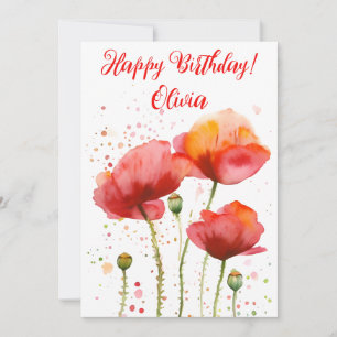 August birth flower Red poppies Watercolor Floral Holiday Card