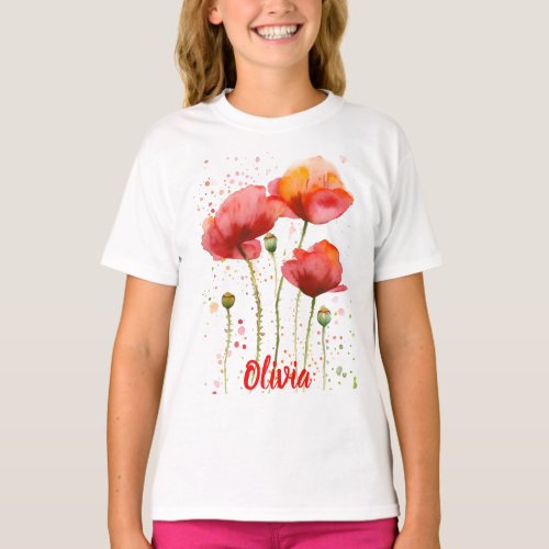 August birth flower Red poppies Watercolor Floral T_Shirt