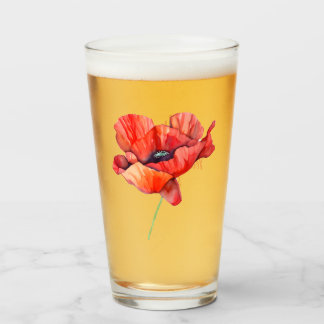 August birth flower Red poppy Watercolor Floral Glass
