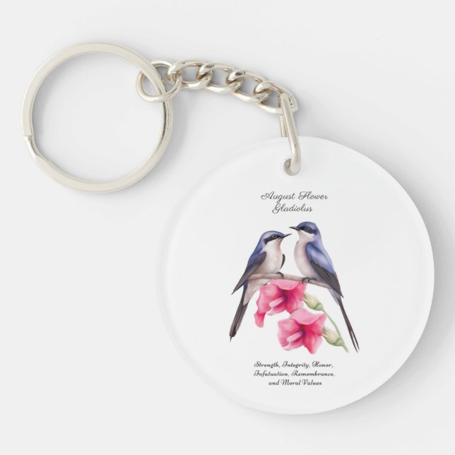  August Birth Month Flower Gladiolus with Birds Keychain (Front)