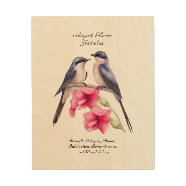  August Birth Month Flower Gladiolus with Birds Wood Wall Art (Front)