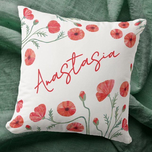 August Birth Month Flower Poppy Personalized Throw Pillow (August birthday birth flower month poppy personalized custom name throw pillow gift)