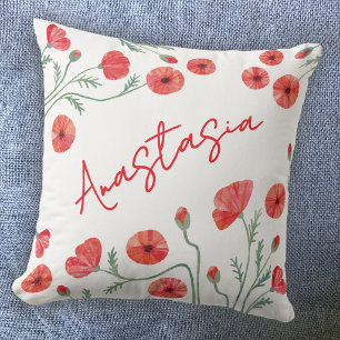August Birth Month Flower Poppy Personalized Throw Pillow