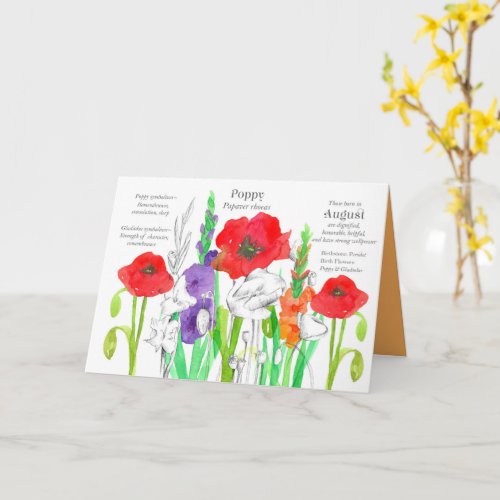 August Birthday Orange Gladiolus Red Poppy Flowers Card