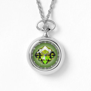 August Birthstone Round Necklace, Silver Plated Watch