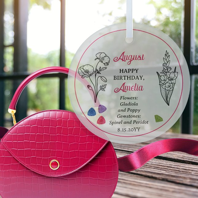 August Gladiola and Poppy Birthday Keepsake Glass Ornament (August Gladiola and Poppy Floral  Birthday | Spinel and Peridot Gemstones Keepsake Glass Ornament)