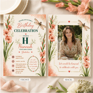 August Gladiolus Dragonfly Birthday Invitation