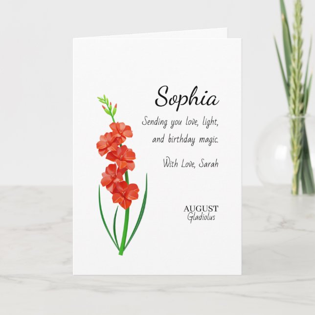 August Gladiolus Personalized Birthday Card (Front)