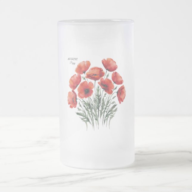 August Poppy Bloom - Personalized Birthday Gift Frosted Glass Beer Mug (Center)