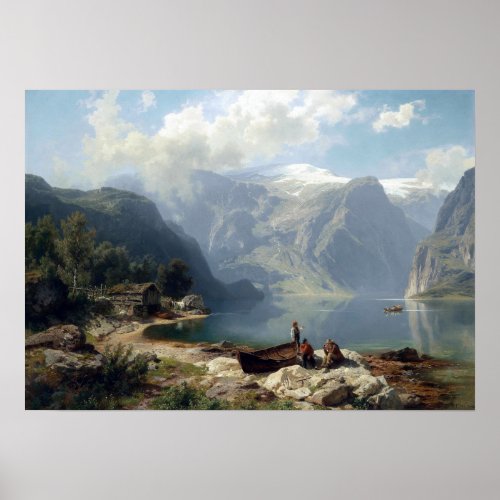 August Wilhelm Leu Sunny Day at a Norwegian Fjord Poster