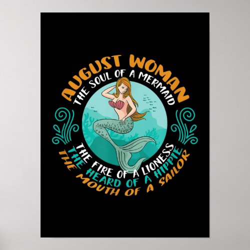 August Woman Soul Of Mermaid Leo Zodiac Birthday Poster