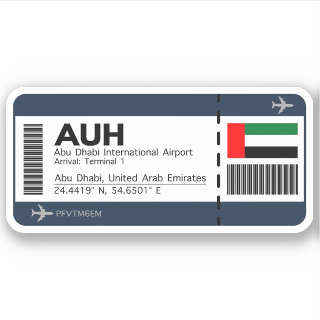 AUH Abu Dhabi Boarding Pass - Airport Ticket Sticker (Front)