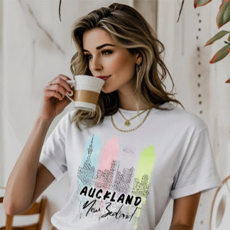Aukland New Zealan Watercolor Line Art Skyline T-Shirt