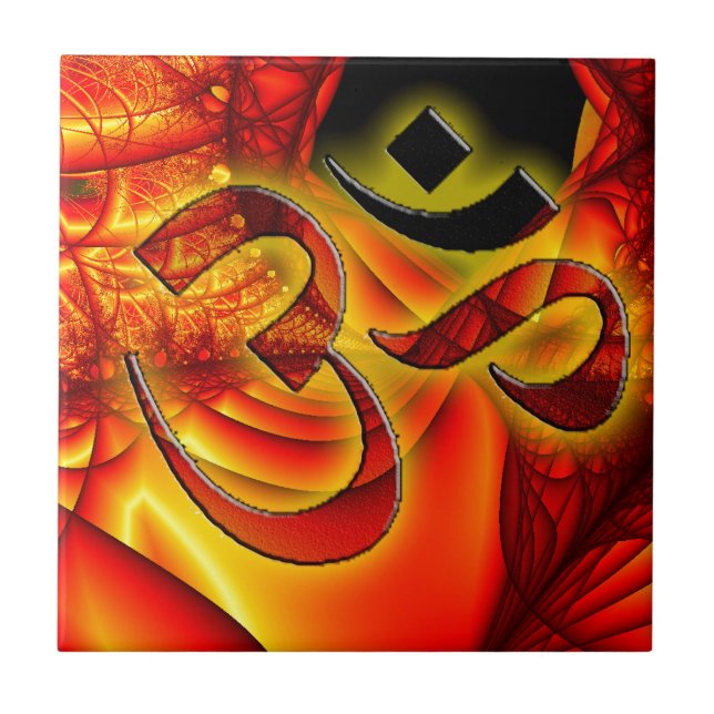 Aum om on Fractal red and yellow Tile (Front)