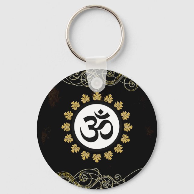 Aum Symbol Mantra Meditation Black and Gold Keychain (Front)
