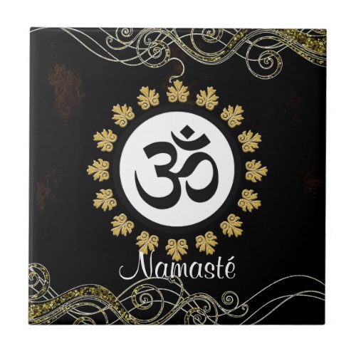Aum Symbol Mantra Meditation Black and Gold Tile