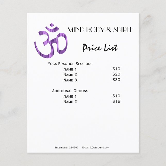 Aum Yoga price list A5 flyer (Front)