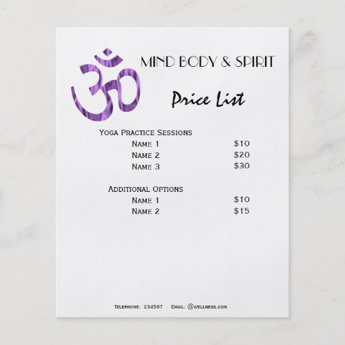 Aum Yoga price list A5 flyer