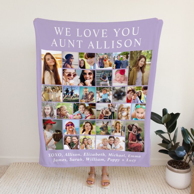 Aunt 30 Photo Collage Purple Fleece Blanket (Creator Uploaded)
