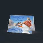 Aunt and Uncle Robins and Snowman Christmas Holiday Card<br><div class="desc">A beautiful Christmas card for an aunt and uncle. Send seasonal cheer with this beautifully illustrated Christmas card showcasing three cheeky robins balancing on a snowman's carrot nose. A joyful design capturing the magic of winter and the spirit of the holidays.</div>