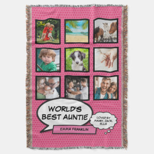 Aunt Auntie Comic Book Fun Pink Photo Collage Throw Blanket