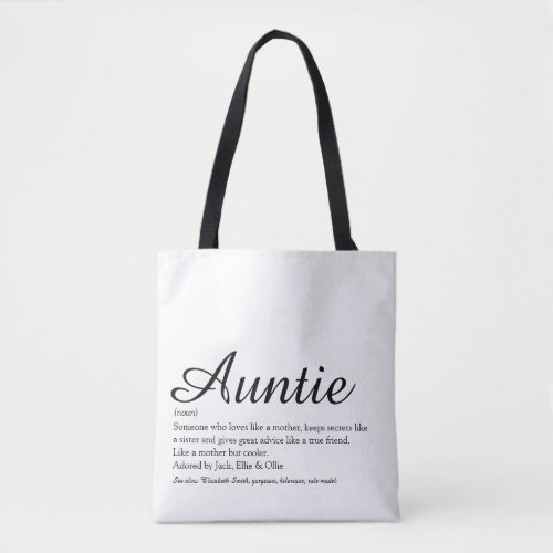 Aunt Auntie Definition Black and White Chic Script Tote Bag