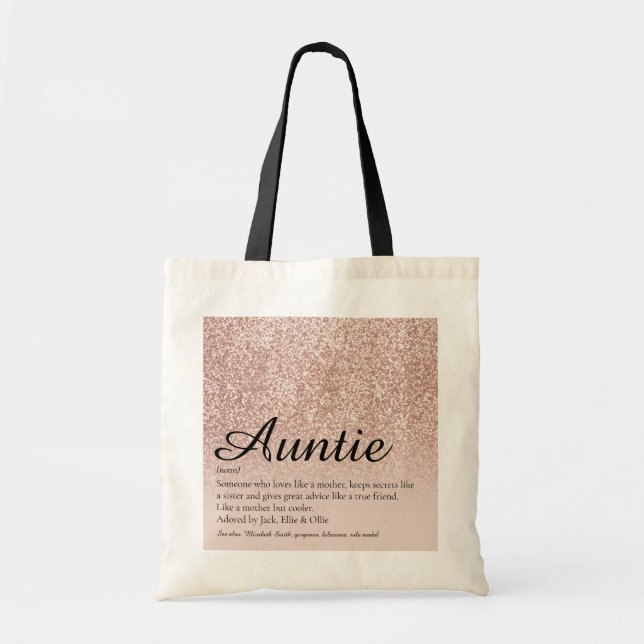 Aunt Auntie Definition Rose Gold Glitter Tote Bag (Front)
