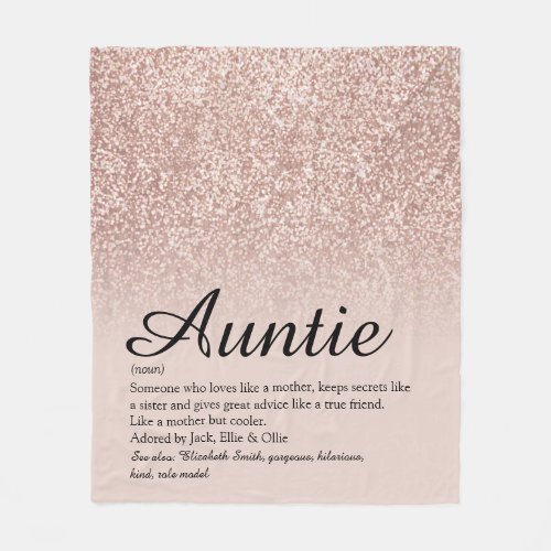 Aunt Auntie Definition Script Rose Gold Glitter Fleece Blanket