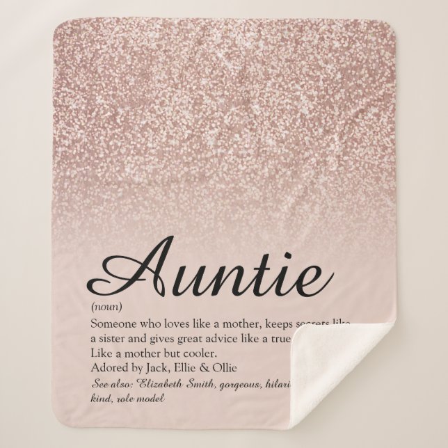 Aunt Auntie Definition Script Rose Gold Glitter Sherpa Blanket (Front)