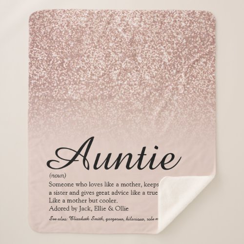 Aunt Auntie Definition Script Rose Gold Glitter Sherpa Blanket