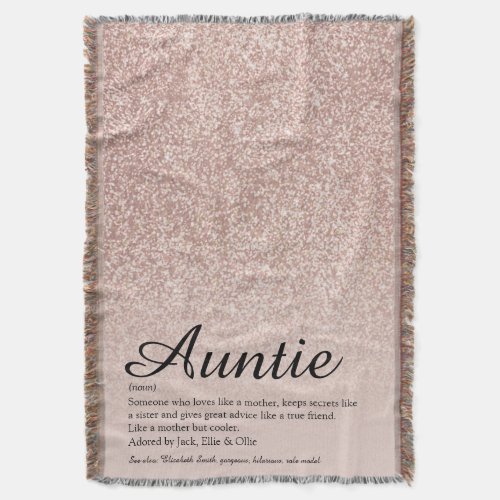 Aunt Auntie Definition Script Rose Gold Glitter Throw Blanket