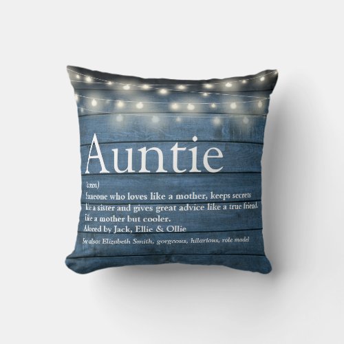 Aunt Auntie Definition String Lights Blue Rustic Throw Pillow