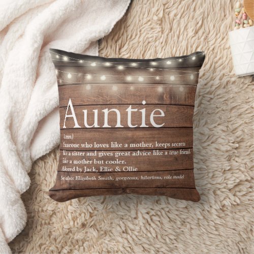 Aunt Auntie Definition String Lights Rustic Wood Throw Pillow