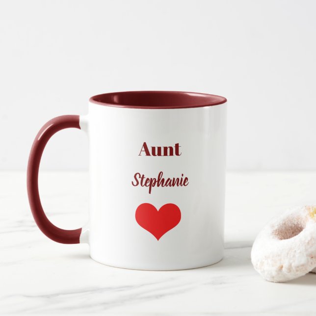 Aunt Gifts Custom Name Burgundy Red Heart Favor Mug (With Donut)