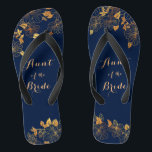 Aunt of the Bride Gold Foliage Navy Blue Flip Flops<br><div class="desc">These gorgeous Aunt of the Bride gold foliage navy blue flip flops have a dark blue background that is adorned with an intricate gold floral greenery pattern and customizable modern typography. The combination of the rich navy and the shimmering gold create an elegant and luxurious aesthetic. It's a beautiful gift...</div>