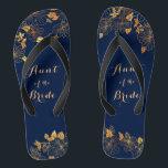 Aunt of the Bride Gold Foliage Navy Blue Flip Flops<br><div class="desc">These gorgeous Aunt of the Bride gold foliage navy blue flip flops have a dark blue background that is adorned with an intricate gold floral greenery pattern and customizable modern typography. The combination of the rich navy and the shimmering gold create an elegant and luxurious aesthetic. It's a beautiful gift...</div>
