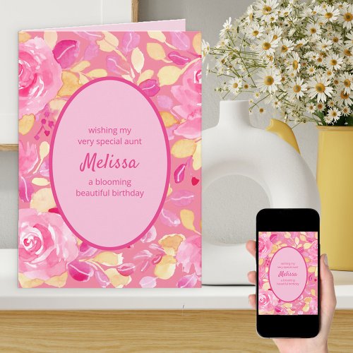 Aunt Pink Yellow Personalized Floral Birthday Card