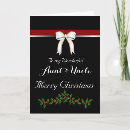 Aunt / Uncle Merry Christmas - Bow/ Holly on Black Holiday Card