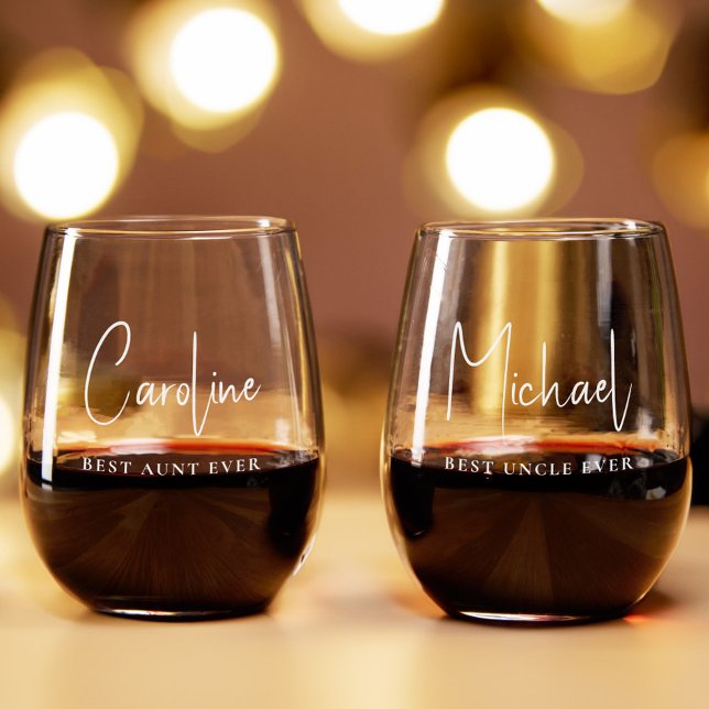 Aunt Uncle Script Monogram Stemless Wine Glass (Creator Uploaded)