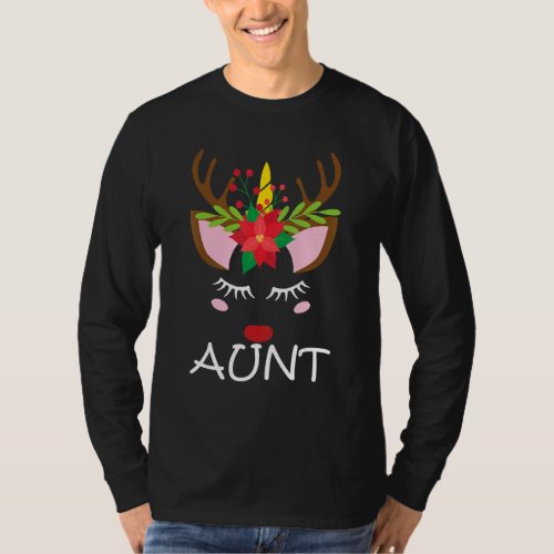 Aunt Unicorn Face Reindeer Flower  Christmas Famil T_Shirt