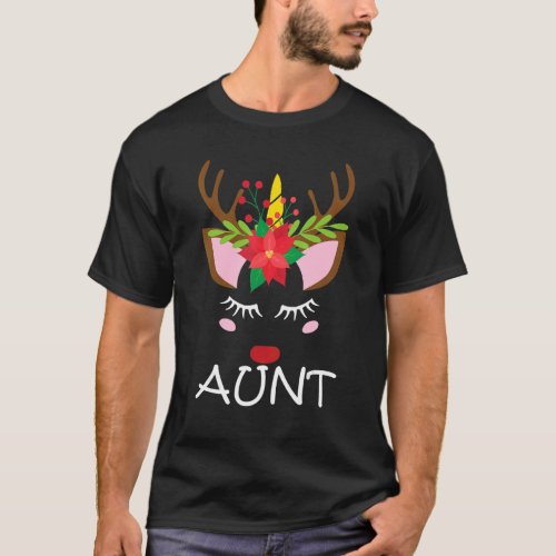 Aunt Unicorn Face Reindeer Flower  Christmas Famil T_Shirt