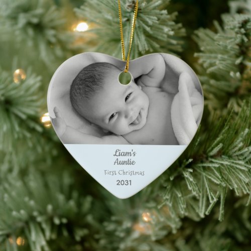 Auntie 1st Christmas Personalized Photo Heart Ceramic Ornament